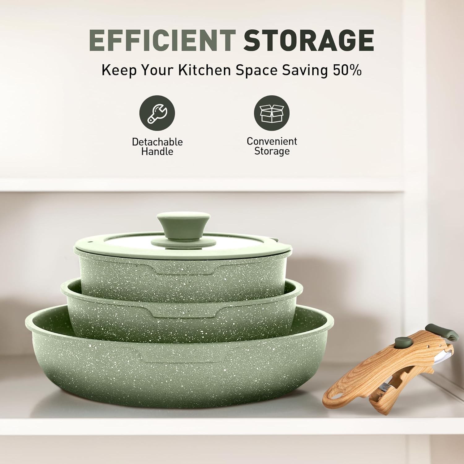 12-Piece Non-Stick Cookware Set with 10 Detachable Handle Pots and Pans - Green