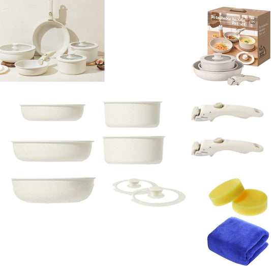 12-Piece Nonstick Cookware Set with Detachable Handles in Cream White Color