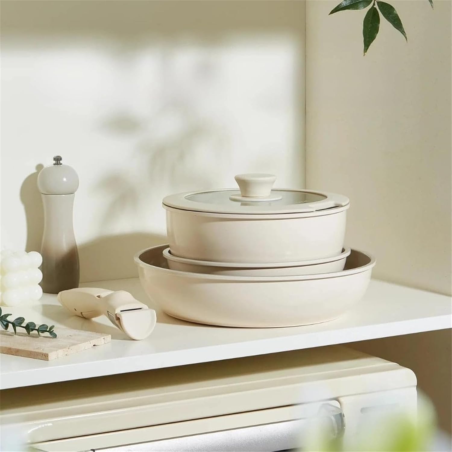 12-Piece Nonstick Cookware Set with Detachable Handles in Cream White Color