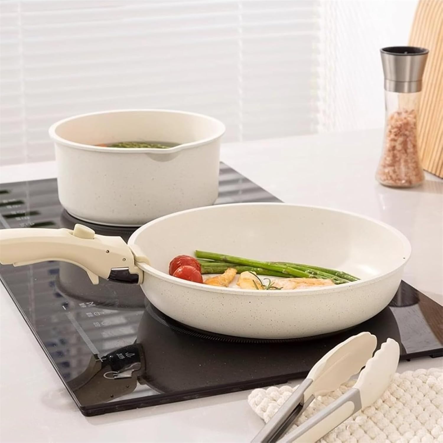 12-Piece Nonstick Cookware Set with Detachable Handles in Cream White Color