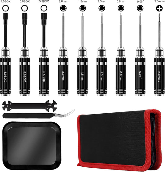 12-Piece RC Car Tool Kit with Screwdrivers, Pliers, Socket Wrenches, and Hobby Tools - Repair Tool Set for 1/18 1/24 RC Mini-Crawler SCX24, FCX24, TRX4M, UTB18, AX24 - Black