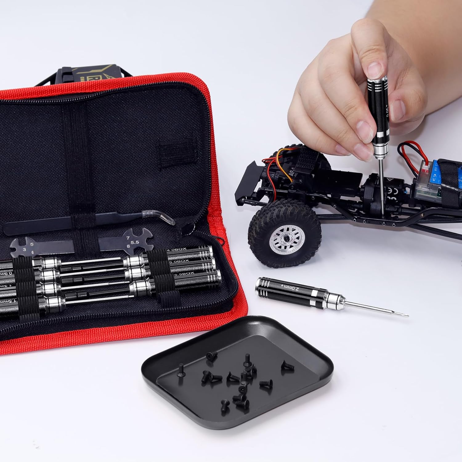 12-Piece RC Car Tool Kit with Screwdrivers, Pliers, Socket Wrenches, and Hobby Tools - Repair Tool Set for 1/18 1/24 RC Mini-Crawler SCX24, FCX24, TRX4M, UTB18, AX24 - Black