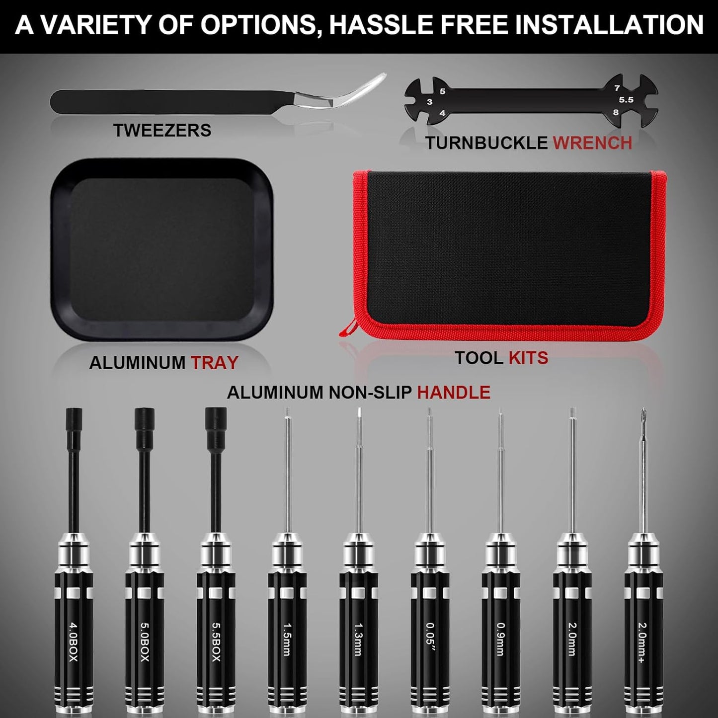 12-Piece RC Car Tool Kit with Screwdrivers, Pliers, Socket Wrenches, and Hobby Tools - Repair Tool Set for 1/18 1/24 RC Mini-Crawler SCX24, FCX24, TRX4M, UTB18, AX24 - Black