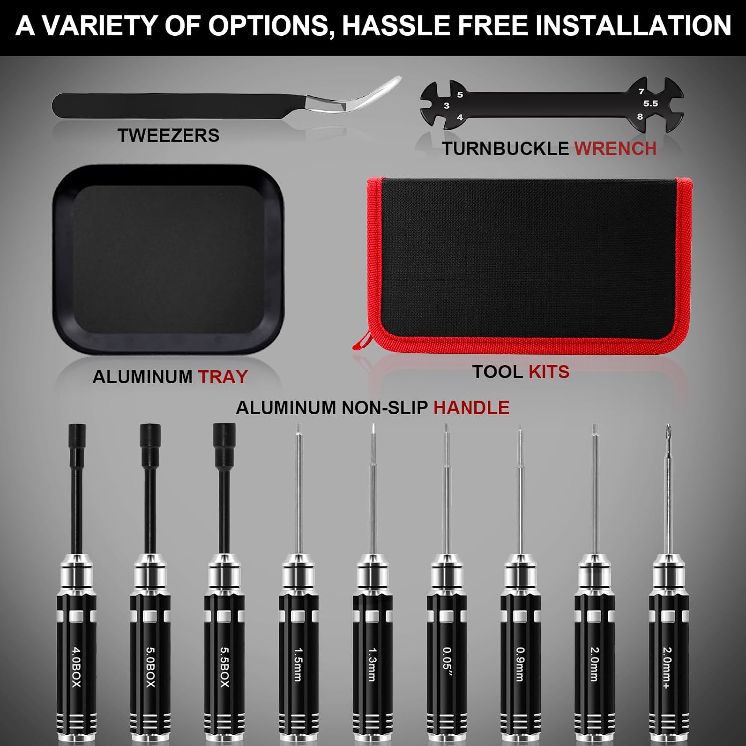 12-Piece RC Car Tool Kit with Screwdrivers, Pliers, Socket Wrenches, and Hobby Tools - Repair Tool Set for 1/18 1/24 RC Mini-Crawler SCX24, FCX24, TRX4M, UTB18, AX24 - Black