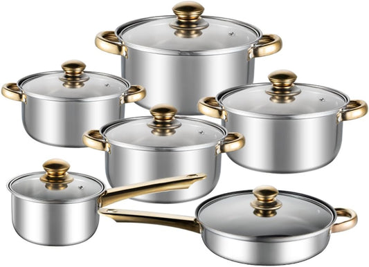 12-Piece Stainless Steel Cookware Set with Non-Stick Coating, Lids, Gold Handles, Steamer, Wok, and Frying Pan