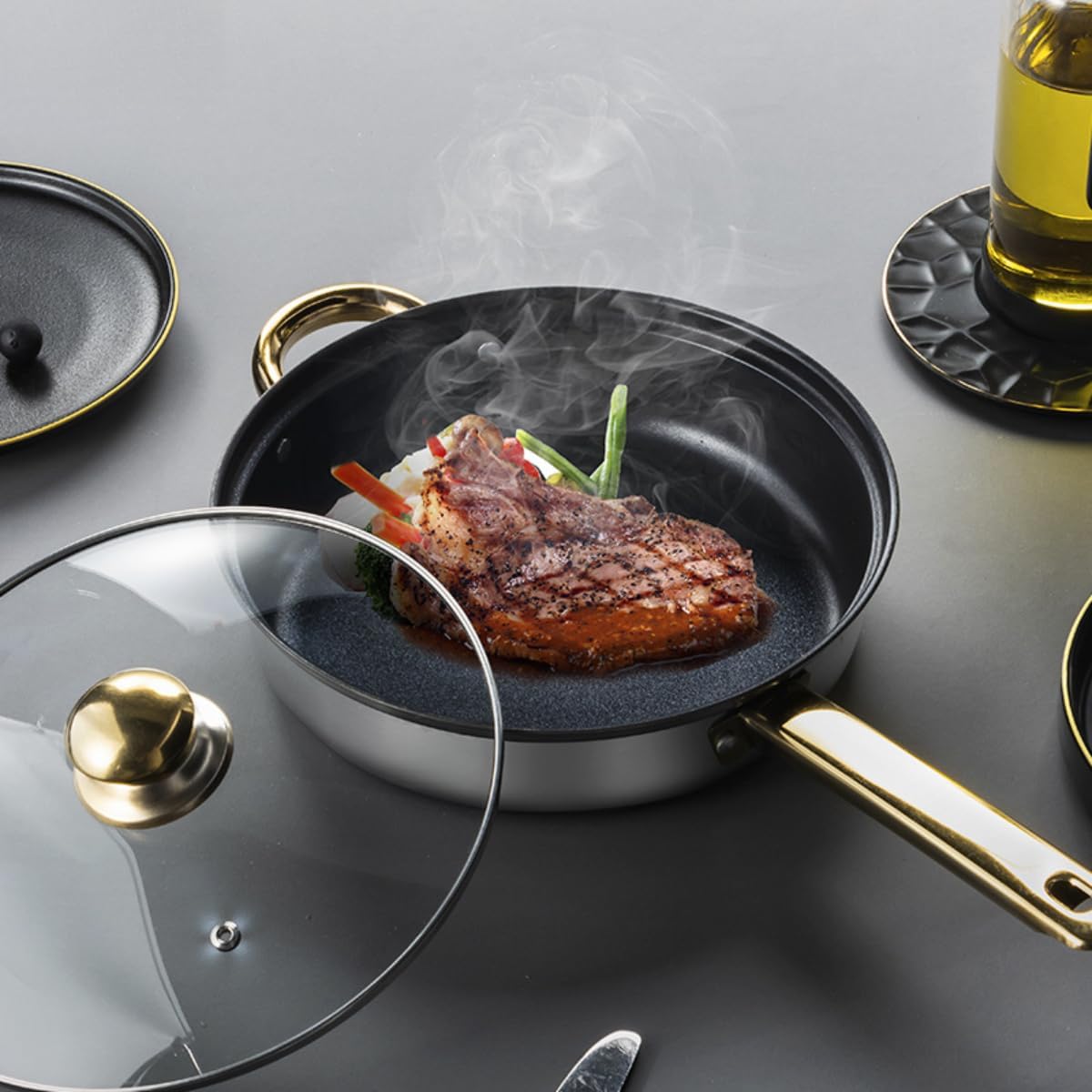 12-Piece Stainless Steel Cookware Set with Non-Stick Coating, Lids, Gold Handles, Steamer, Wok, and Frying Pan
