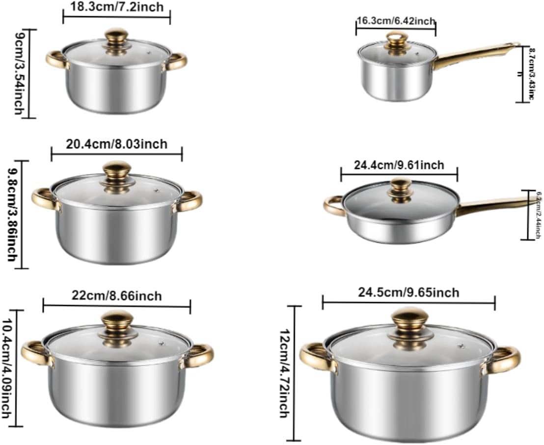 12-Piece Stainless Steel Cookware Set with Non-Stick Coating, Lids, Gold Handles, Steamer, Wok, and Frying Pan
