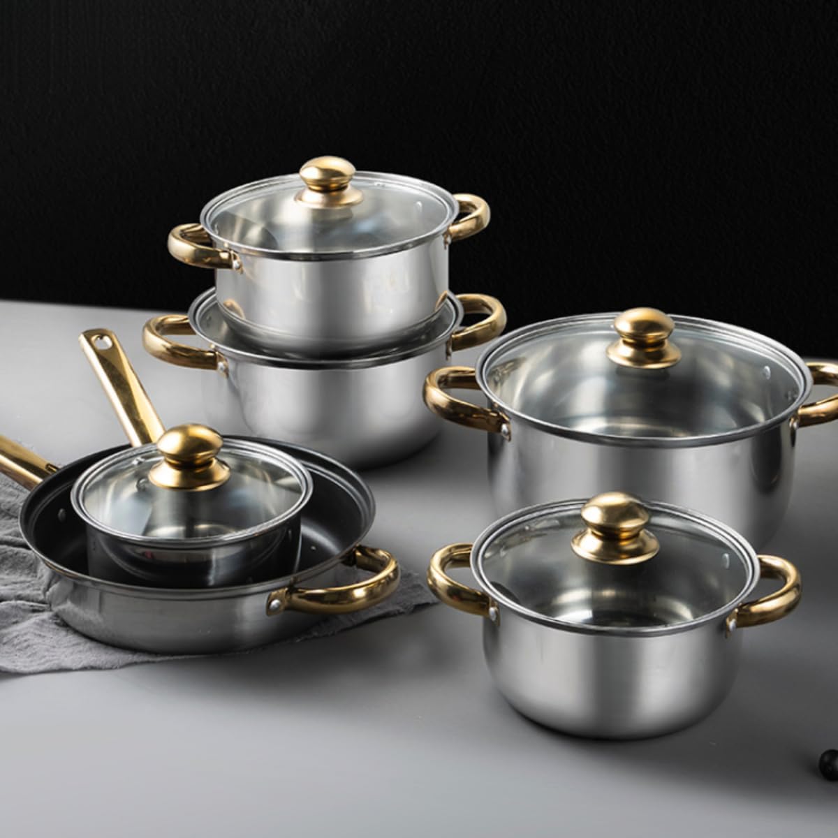 12-Piece Stainless Steel Cookware Set with Non-Stick Coating, Lids, Gold Handles, Steamer, Wok, and Frying Pan