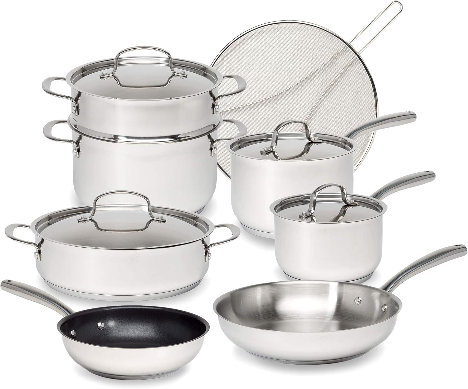 12-Piece Stainless Steel Cookware Set with Tri-Ply Base for Even Heating, Durable, Impact Bonded Pots and Pans, Includes Non Stick Frying Pan, Dishwasher Safe