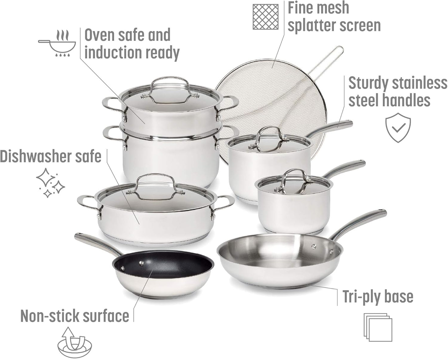 12-Piece Stainless Steel Cookware Set with Tri-Ply Base for Even Heating, Durable, Impact Bonded Pots and Pans, Includes Non Stick Frying Pan, Dishwasher Safe