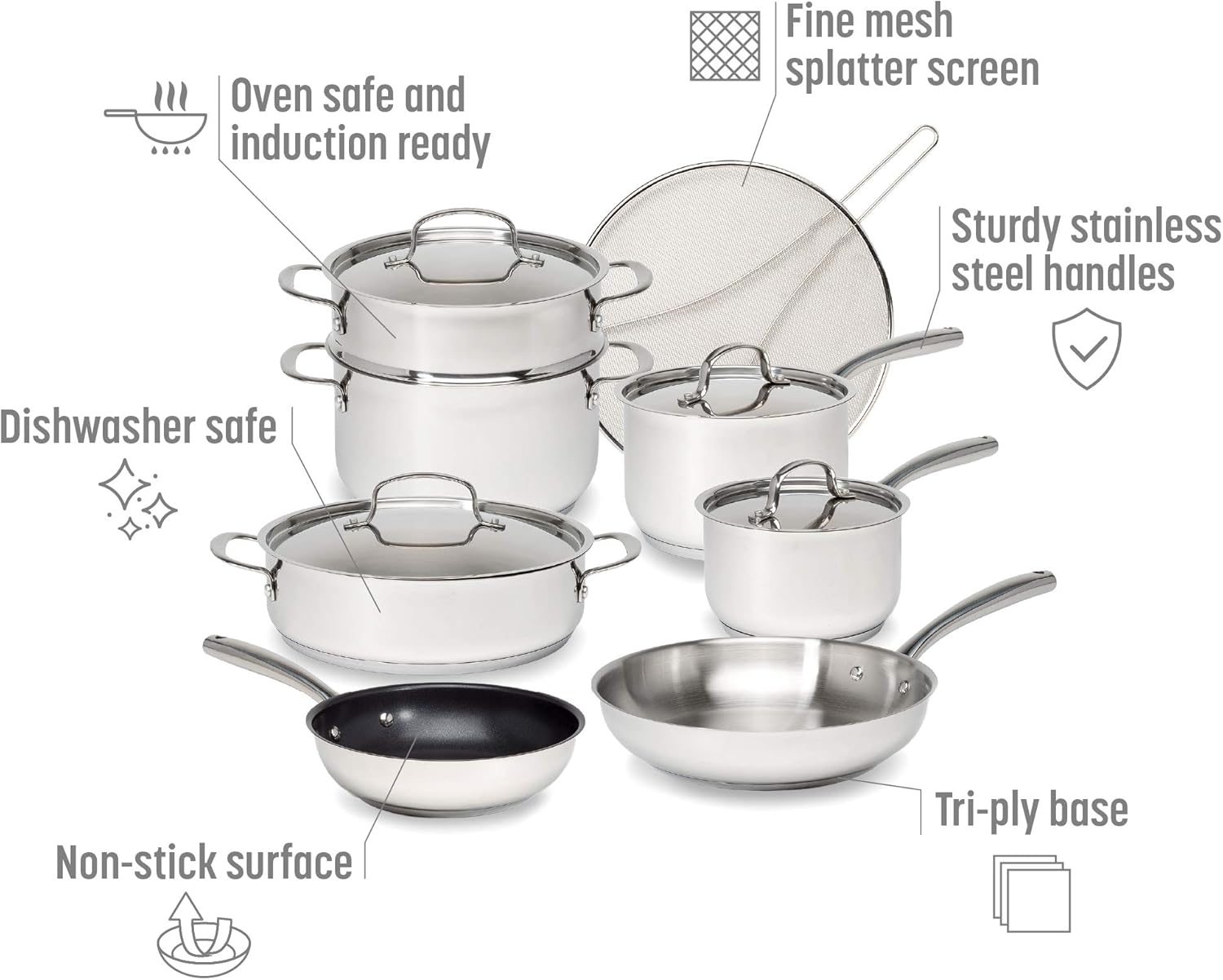 12-Piece Stainless Steel Cookware Set with Tri-Ply Base for Even Heating, Durable, Impact Bonded Pots and Pans, Includes Non Stick Frying Pan, Dishwasher Safe