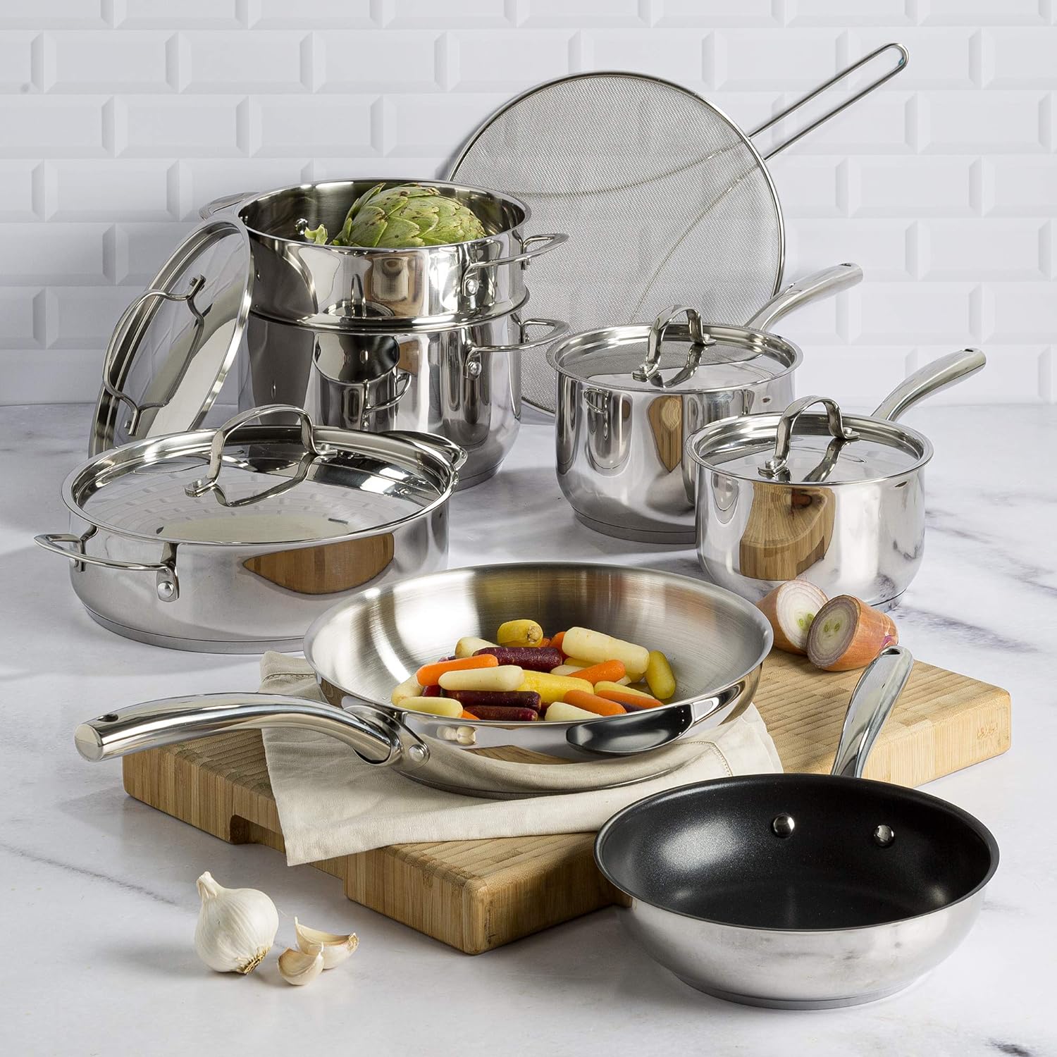 12-Piece Stainless Steel Cookware Set with Tri-Ply Base for Even Heating, Durable, Impact Bonded Pots and Pans, Includes Non Stick Frying Pan, Dishwasher Safe