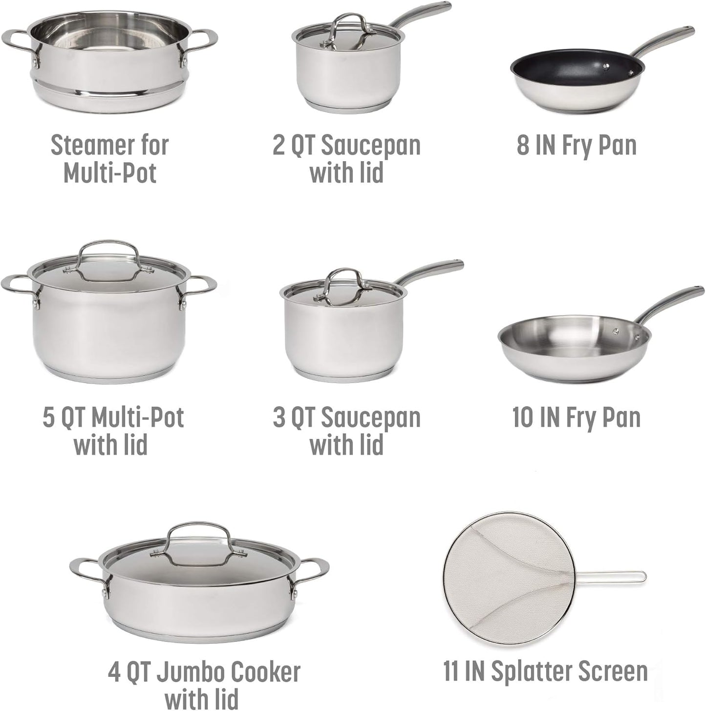 12-Piece Stainless Steel Cookware Set with Tri-Ply Base for Even Heating, Durable, Impact Bonded Pots and Pans, Includes Non Stick Frying Pan, Dishwasher Safe