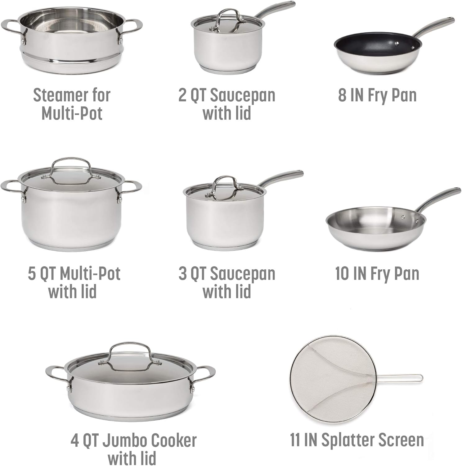 12-Piece Stainless Steel Cookware Set with Tri-Ply Base for Even Heating, Durable, Impact Bonded Pots and Pans, Includes Non Stick Frying Pan, Dishwasher Safe