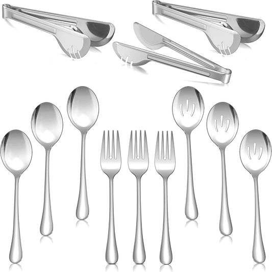 12-Piece Stainless Steel Serving Utensils Set - Spoons, Slotted Spoons, Forks, Tongs - 8.7" and 9.4" - Dishwasher Safe - for Catering, Banquet, Buffet Party