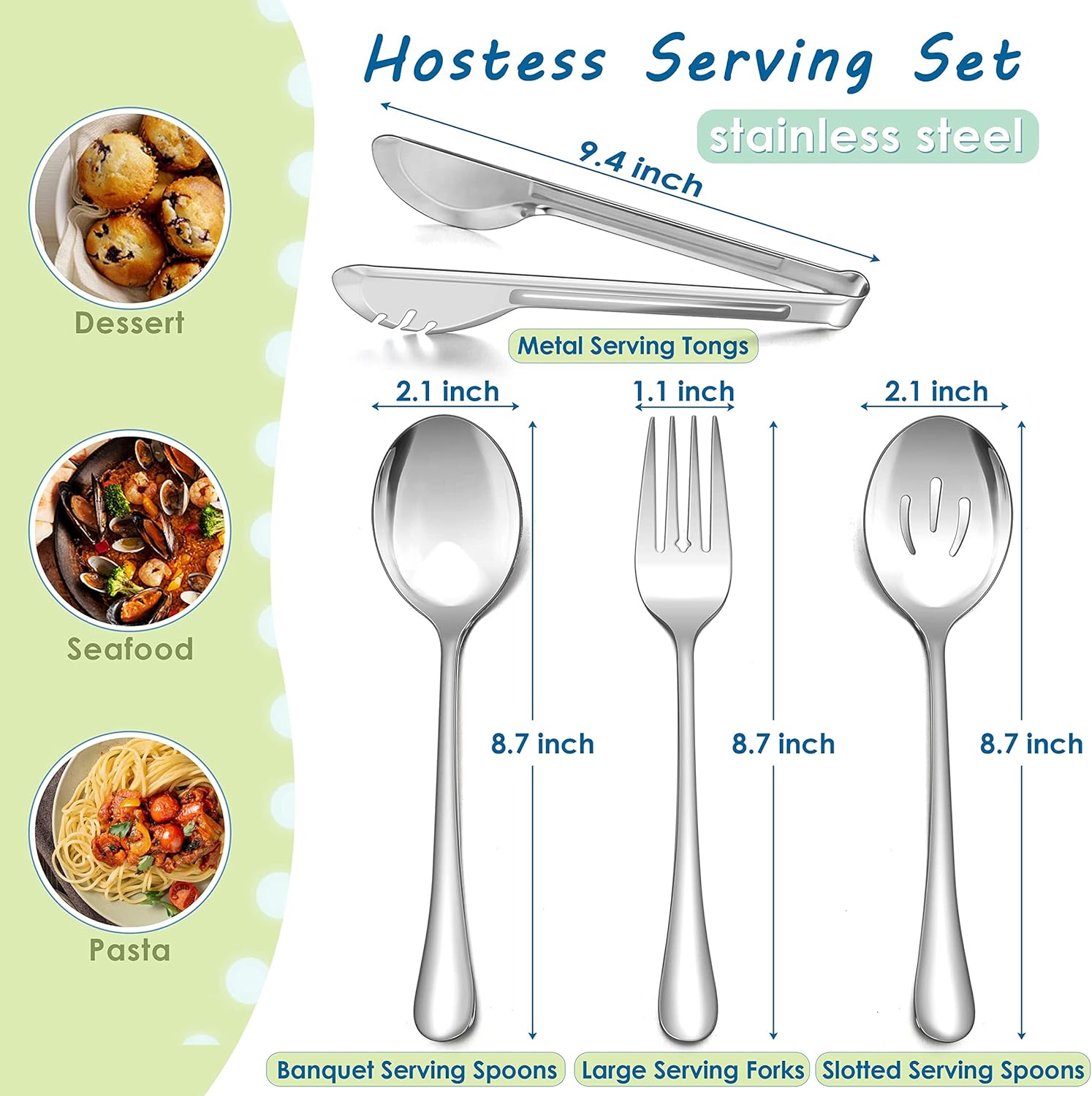 12-Piece Stainless Steel Serving Utensils Set - Spoons, Slotted Spoons, Forks, Tongs - 8.7" and 9.4" - Dishwasher Safe - for Catering, Banquet, Buffet Party