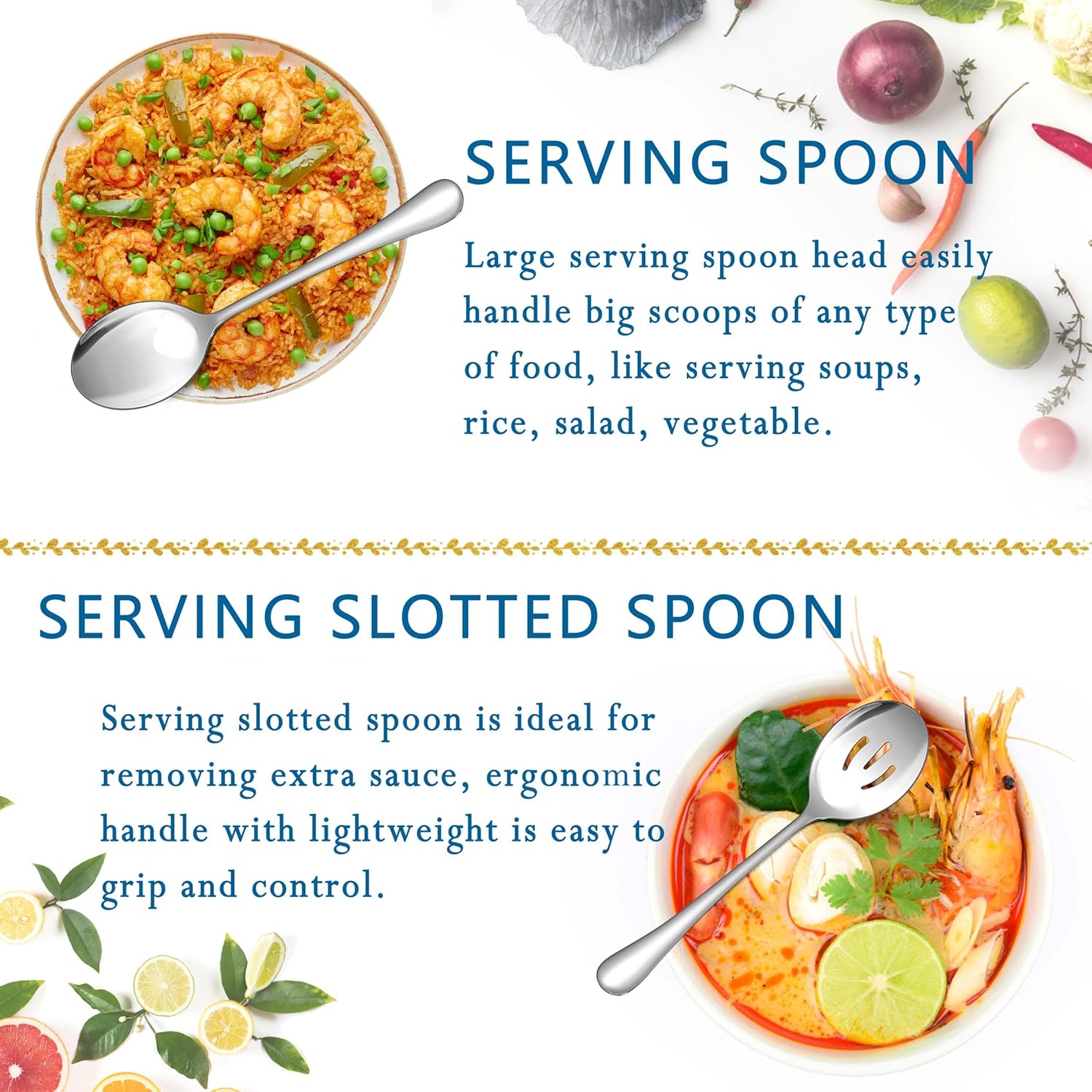 12-Piece Stainless Steel Serving Utensils Set - Spoons, Slotted Spoons, Forks, Tongs - 8.7" and 9.4" - Dishwasher Safe - for Catering, Banquet, Buffet Party