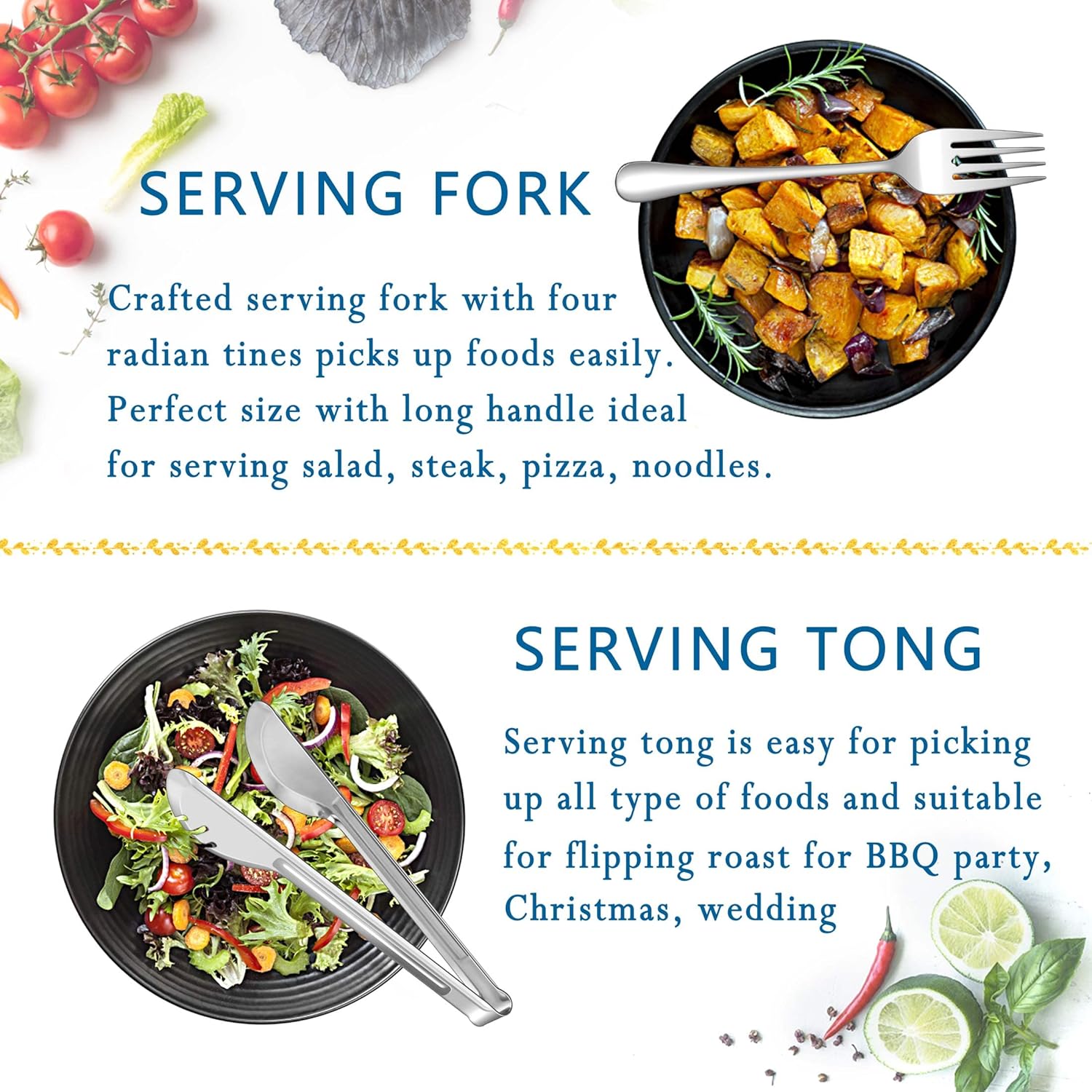 12-Piece Stainless Steel Serving Utensils Set - Spoons, Slotted Spoons, Forks, Tongs - 8.7" and 9.4" - Dishwasher Safe - for Catering, Banquet, Buffet Party