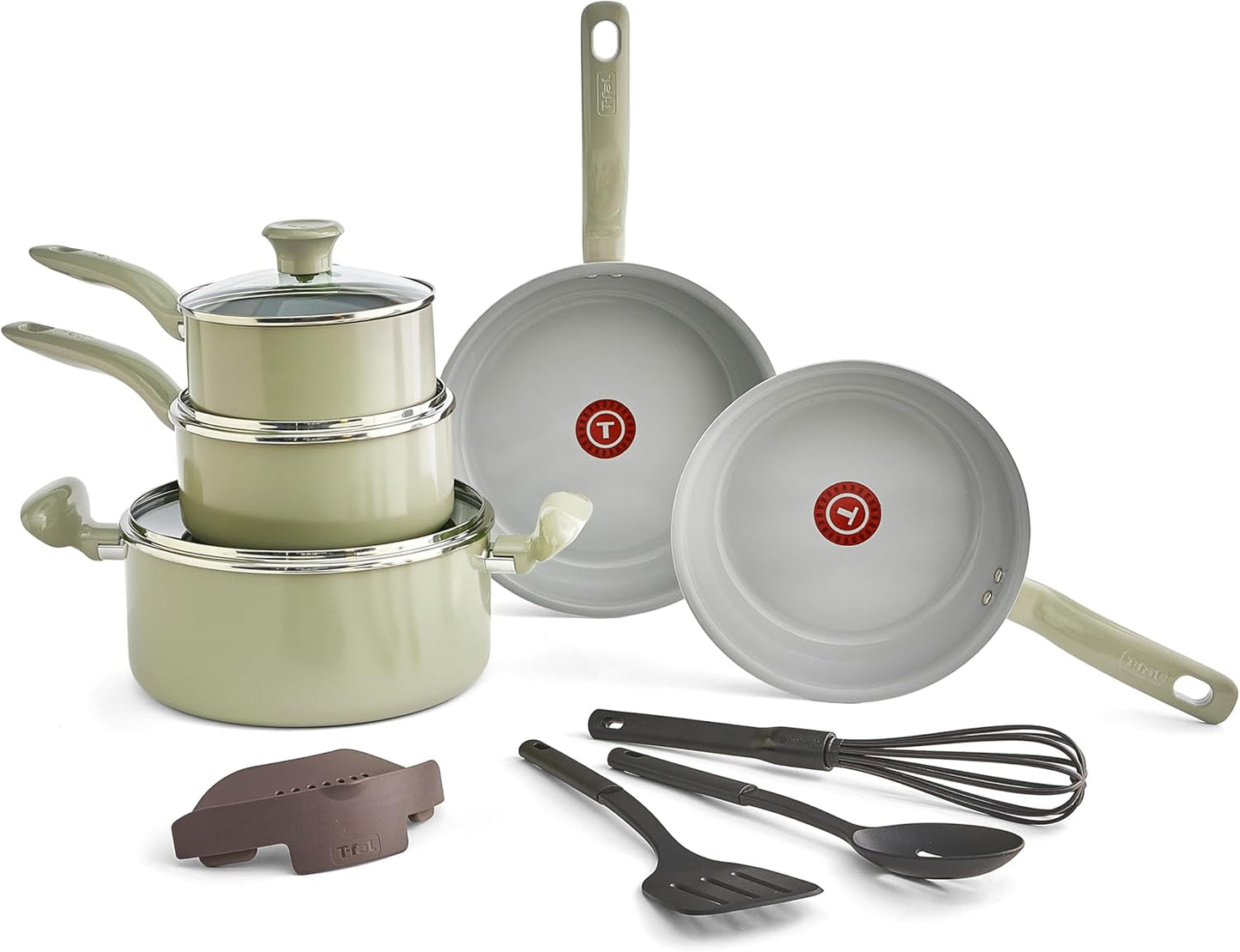12-Piece T-fal Recycled Ceramic Nonstick Cookware Set - Oven Safe up to 350F - Includes Pots, Pans, Fry Pan, and Kitchen Tools - Green Color