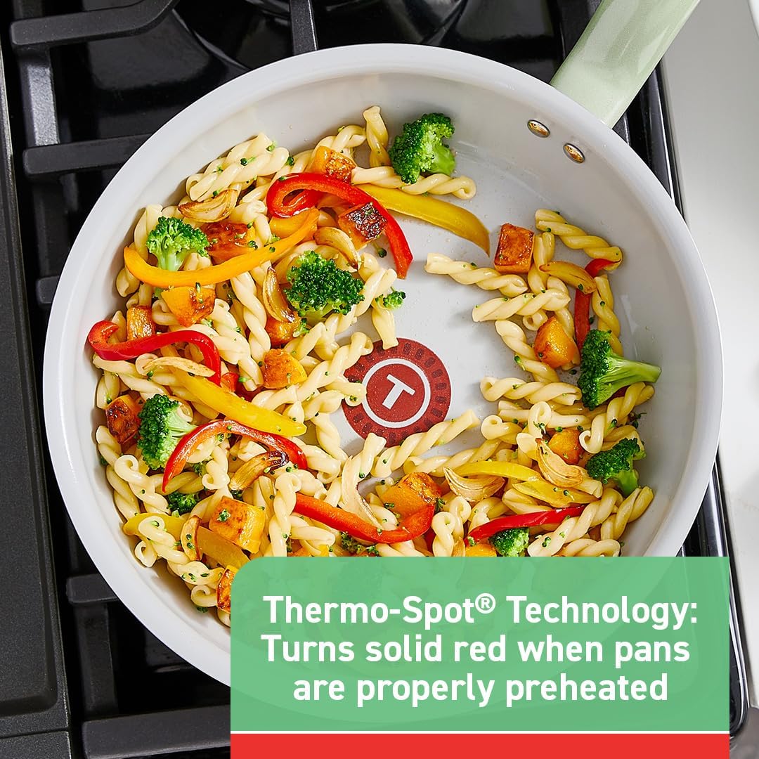 12-Piece T-fal Recycled Ceramic Nonstick Cookware Set - Oven Safe up to 350F - Includes Pots, Pans, Fry Pan, and Kitchen Tools - Green Color