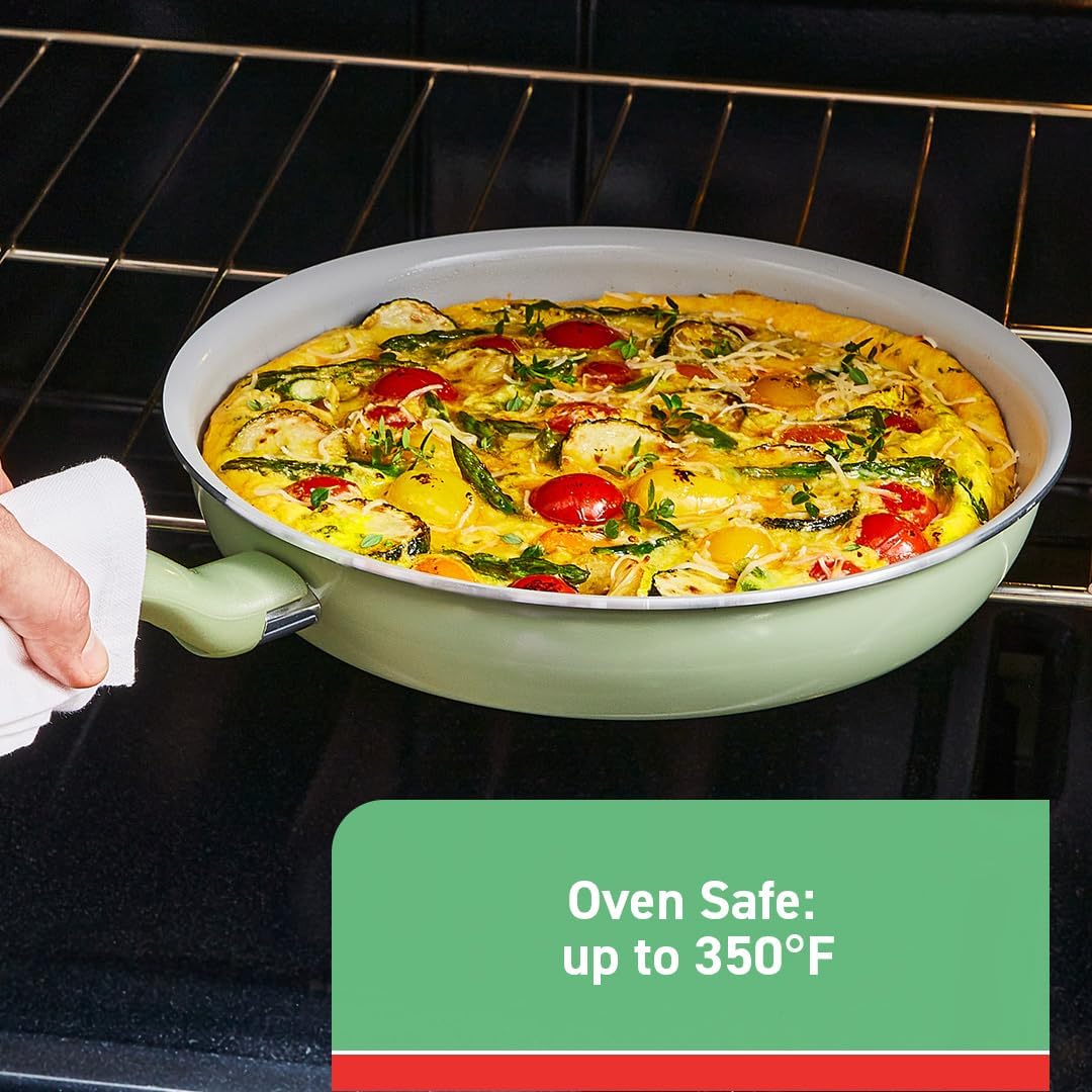 12-Piece T-fal Recycled Ceramic Nonstick Cookware Set - Oven Safe up to 350F - Includes Pots, Pans, Fry Pan, and Kitchen Tools - Green Color