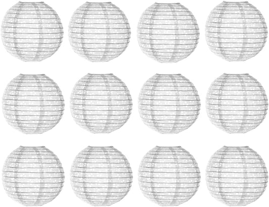 12-Piece White Chinese Paper Lanterns for Home and Outdoor Decorations - 8 Inch Round Hollow Out Lantern Lamps - Asia Japanese Style