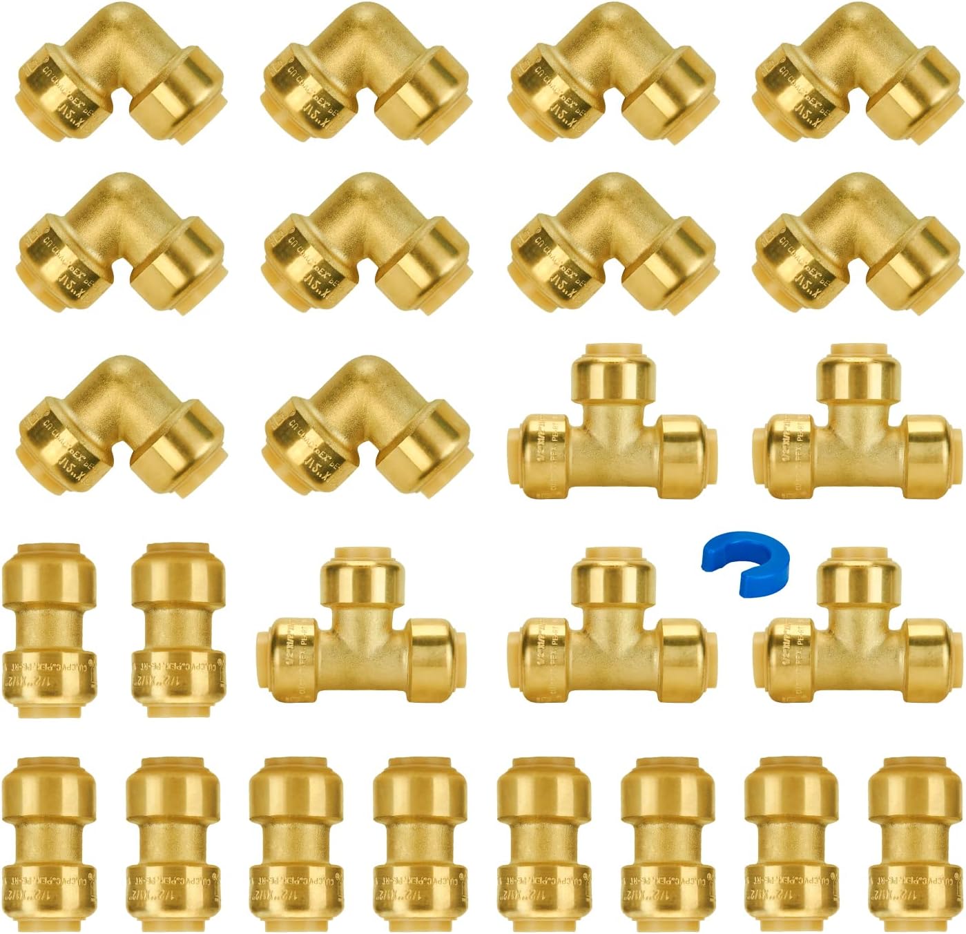 1/2" Push Pex Fittings Pack - Coupling, Elbow, Tee - No Lead Brass Connectors for Pex Pipe, Copper, CPVC - 25 Piece Set with Disconnect Clip