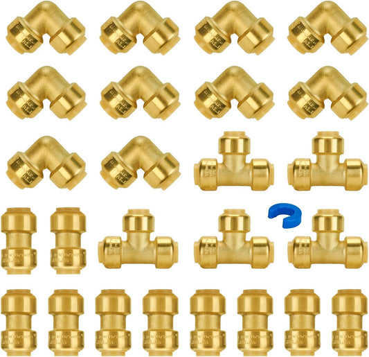 1/2" Push Pex Fittings Pack - Coupling, Elbow, Tee - No Lead Brass Connectors for Pex Pipe, Copper, CPVC - 25 Piece Set with Disconnect Clip