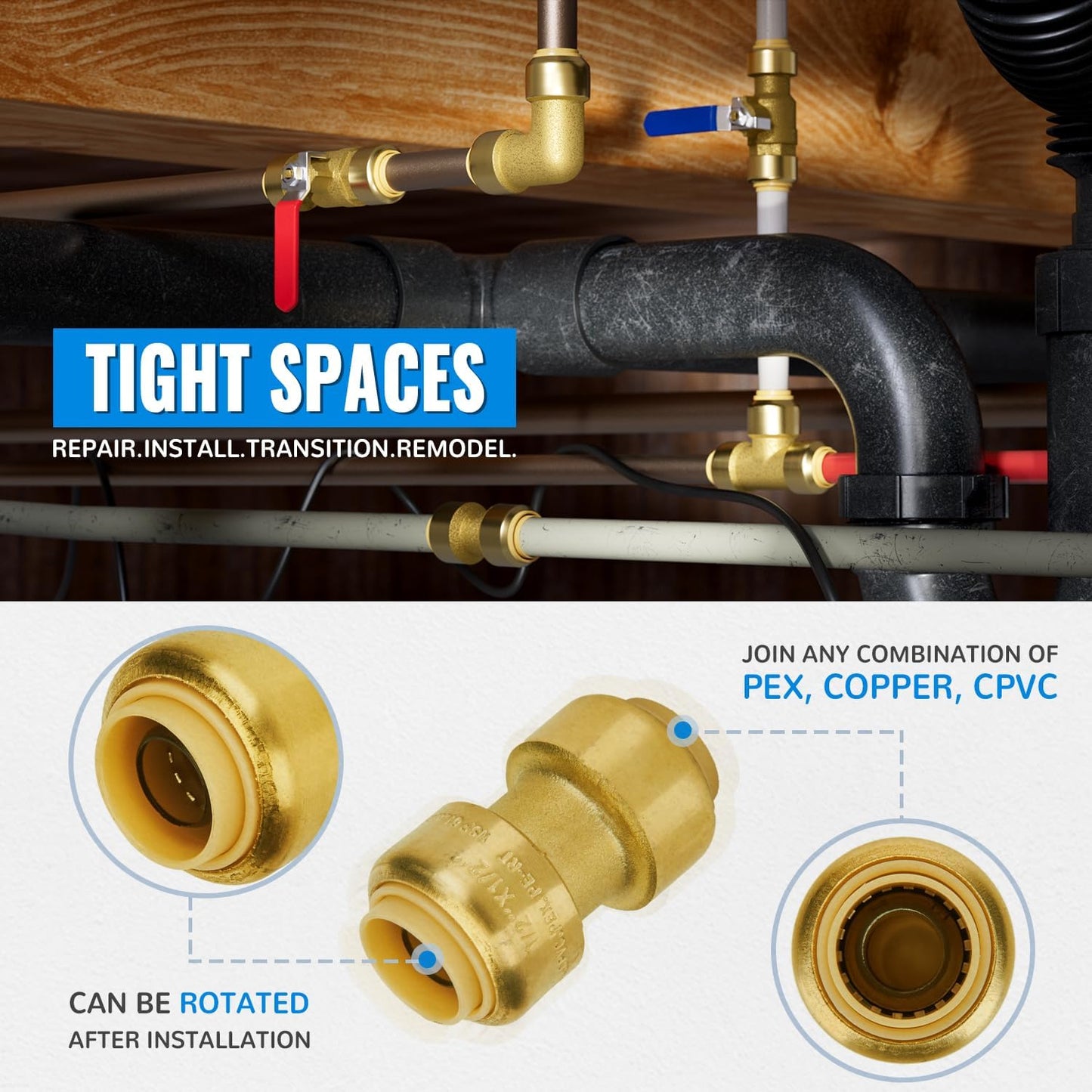 1/2" Push Pex Fittings Pack - Coupling, Elbow, Tee - No Lead Brass Connectors for Pex Pipe, Copper, CPVC - 25 Piece Set with Disconnect Clip