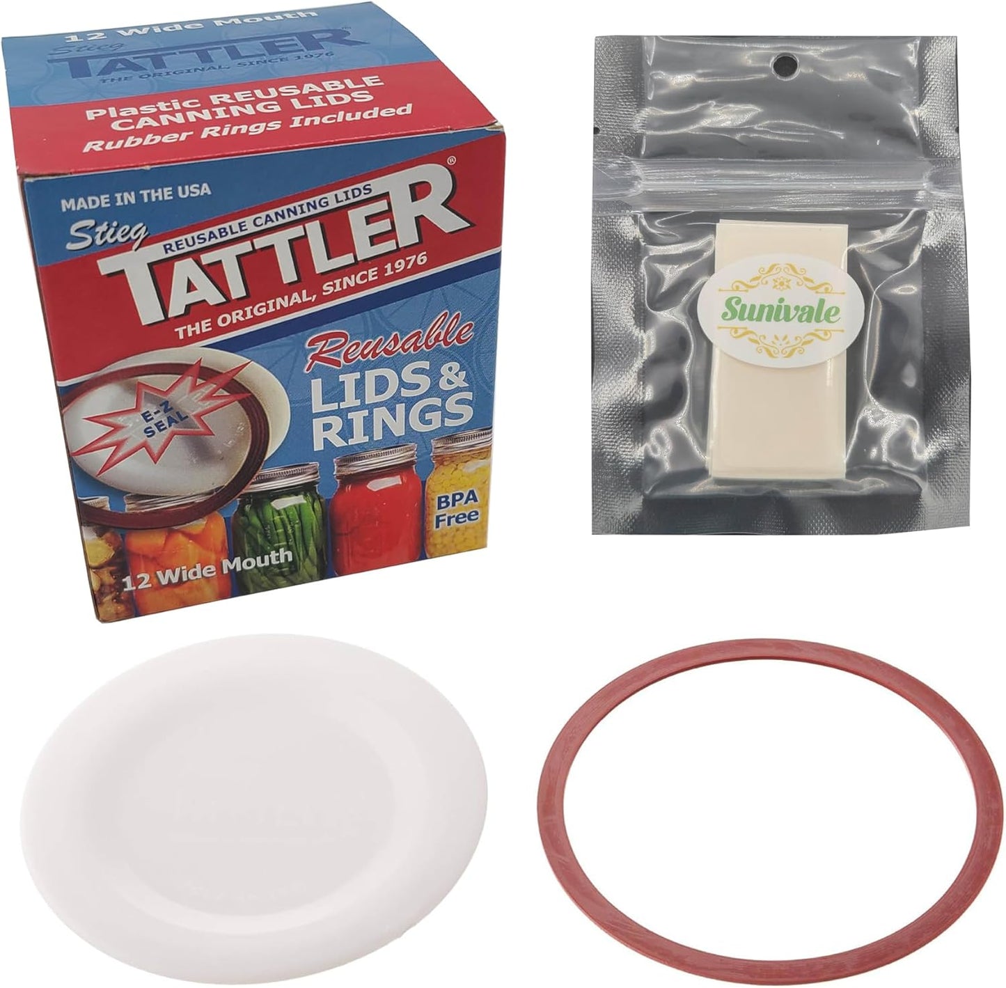 12 Wide Mouth Tattler Reusable Canning Lids Bundle with Rings and Dissolvable Sunivale Labels - Made in USA for Hot Water Bath, Vacuum Sealer, and Pressure Canning