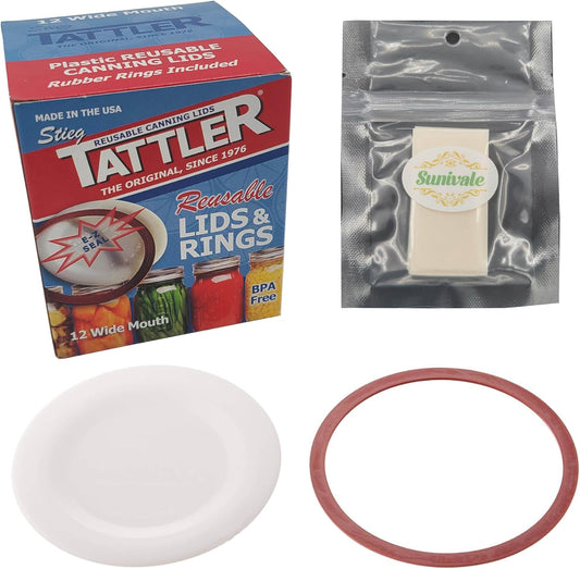 12 Wide Mouth Tattler Reusable Canning Lids Bundle with Rings and Dissolvable Sunivale Labels - Made in USA for Hot Water Bath, Vacuum Sealer, and Pressure Canning