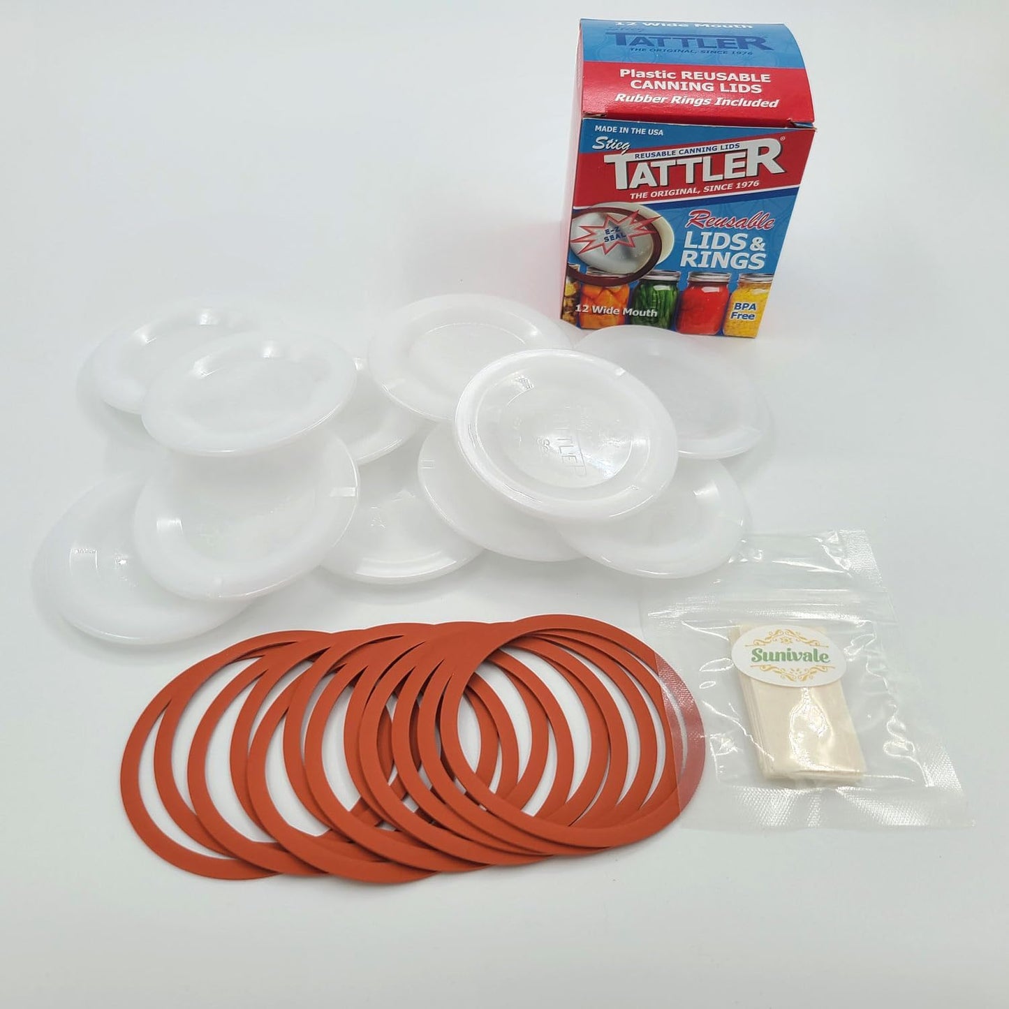 12 Wide Mouth Tattler Reusable Canning Lids Bundle with Rings and Dissolvable Sunivale Labels - Made in USA for Hot Water Bath, Vacuum Sealer, and Pressure Canning