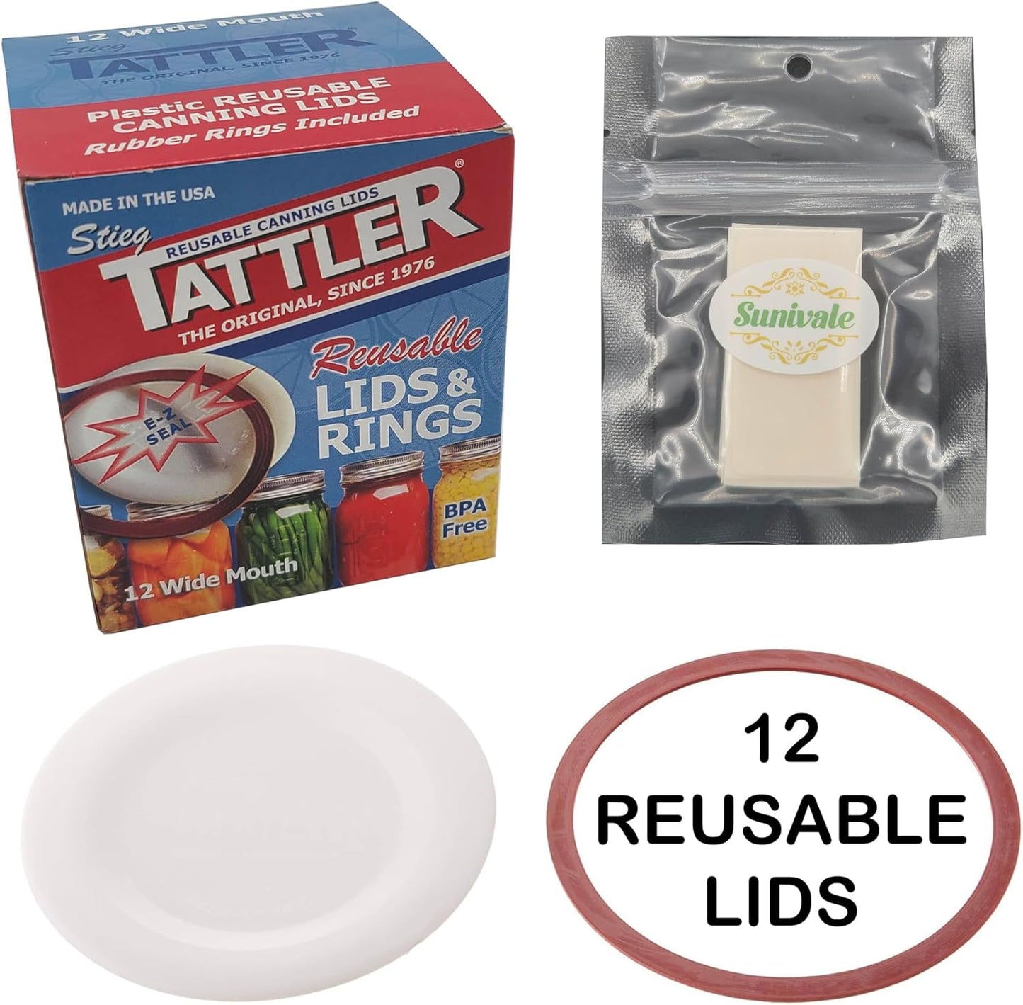 12 Wide Mouth Tattler Reusable Canning Lids Bundle with Rings and Dissolvable Sunivale Labels - Made in USA for Hot Water Bath, Vacuum Sealer, and Pressure Canning