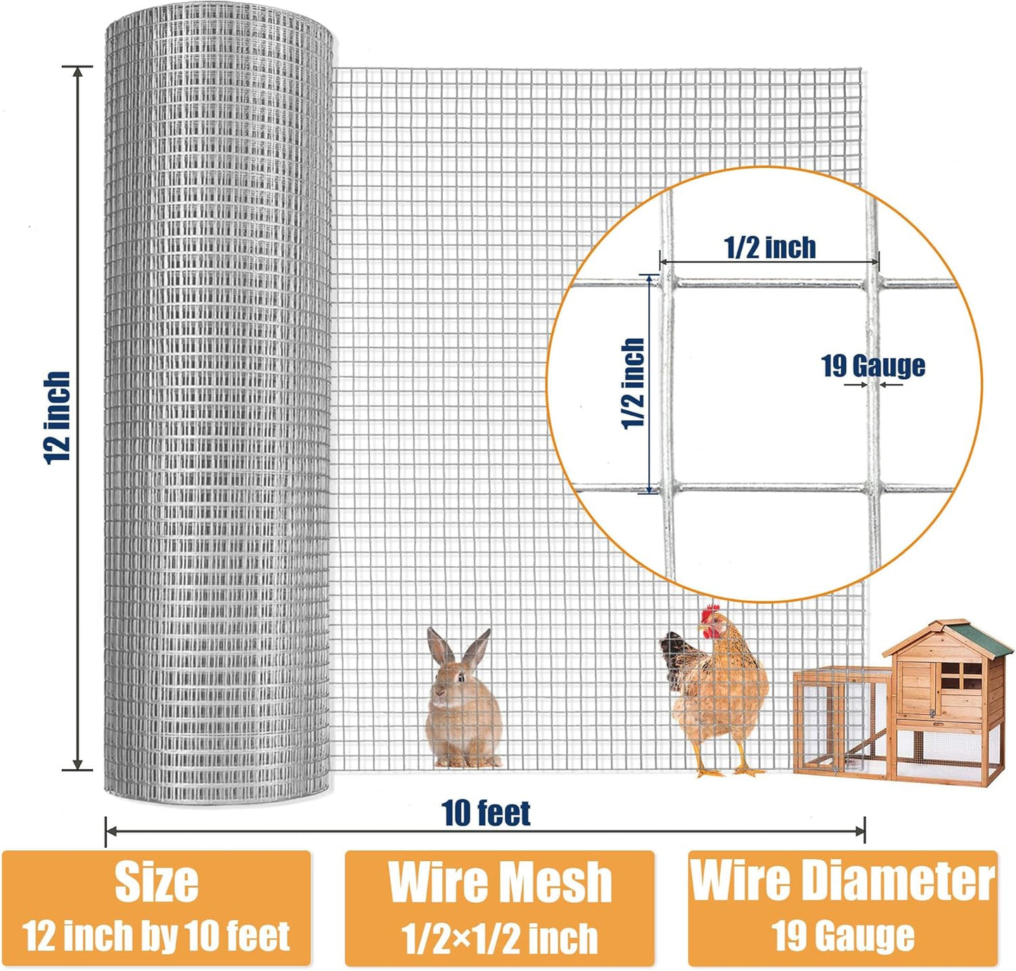 1/2" x 10 Ft 19 Gauge Metal Mesh Roll Fence for Poultry Cage & Home Improvement - Galvanized Welded Hardware Cloth