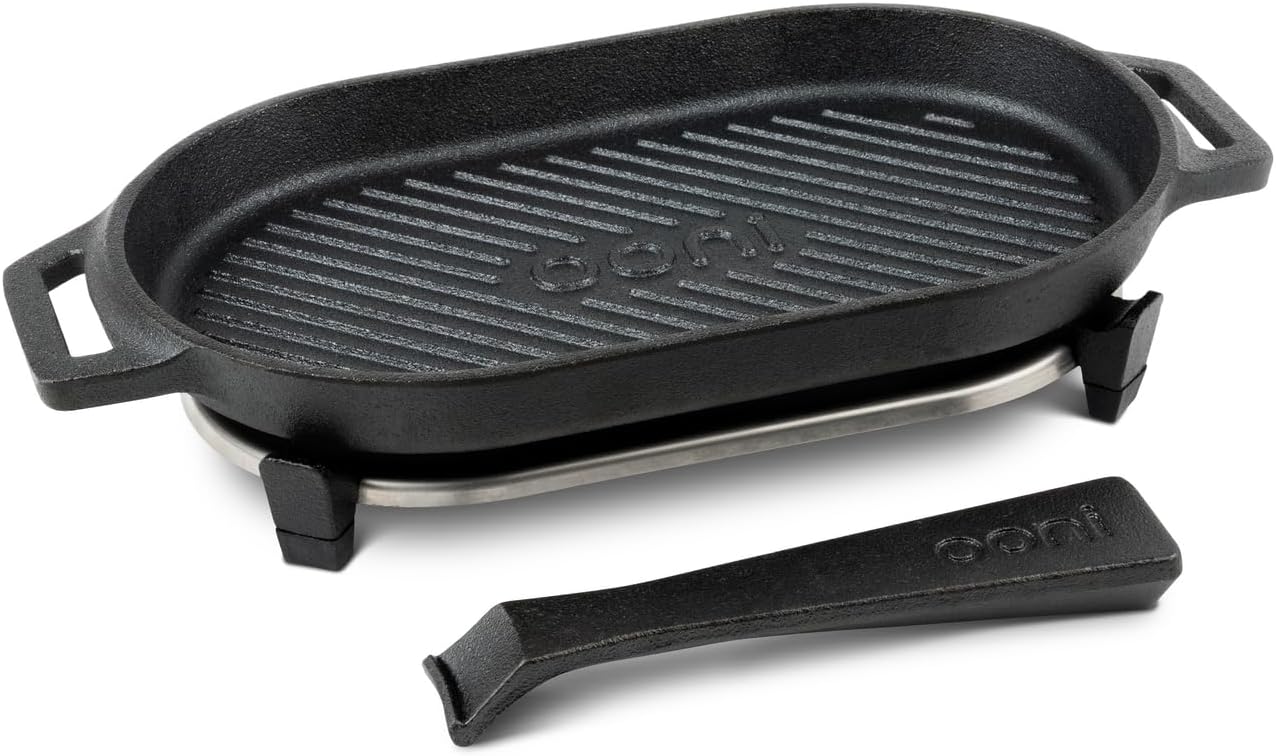 12" x 6" Ooni Cast Iron Grizzler Pan with Removable Handle - Non-Stick Pre-Seasoned Grill Frying Pan for Oven, Pizza Oven, and BBQ Accessories