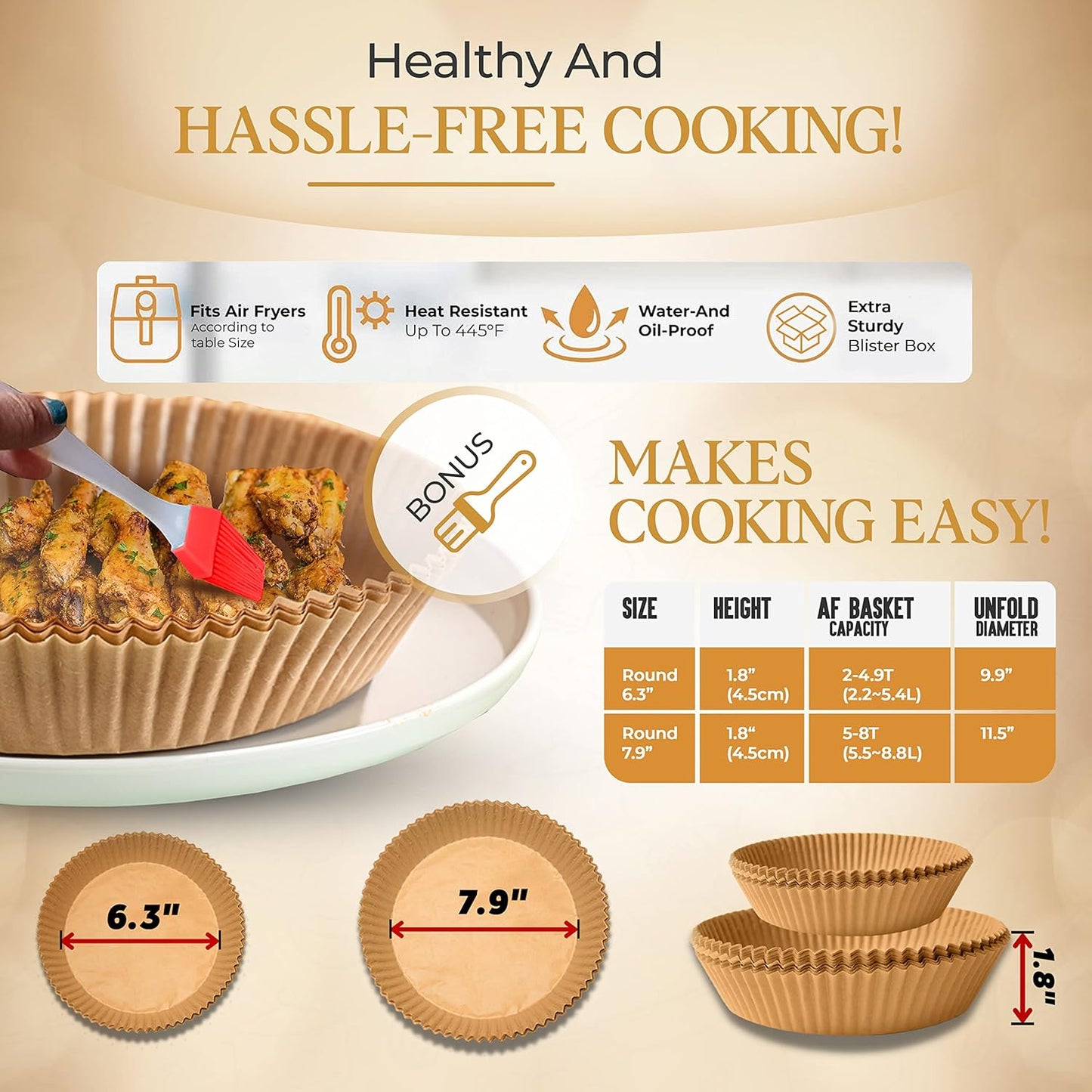 120 Pcs Disposable Air Fryer Liners with Oil Brush - Non-Stick Paper Liners for Frying, Baking, and Cooking in 2-5 Qt AirFryers (6.3 Inches)