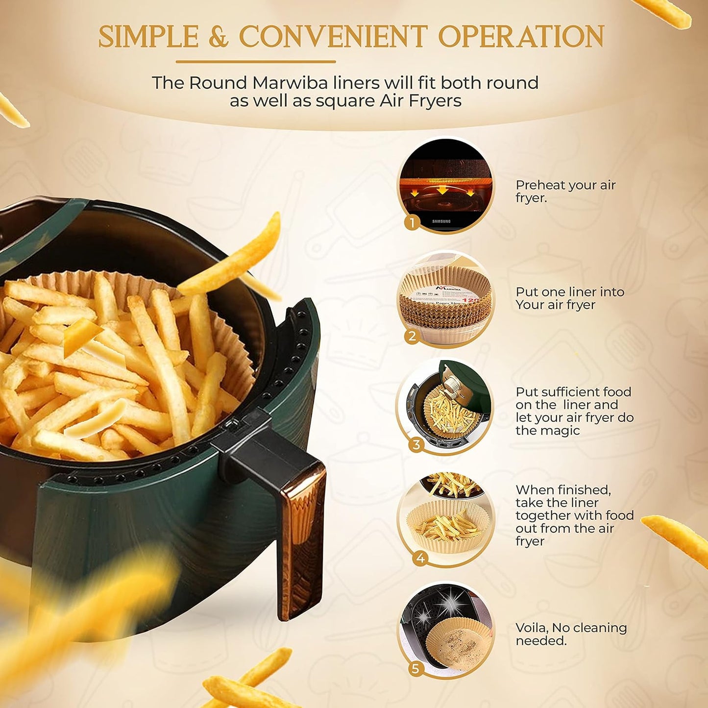 120 Pcs Disposable Air Fryer Liners with Oil Brush - Non-Stick Paper Liners for Frying, Baking, and Cooking in 2-5 Qt AirFryers (6.3 Inches)