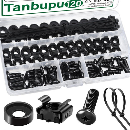 120-Piece M6 x 16mm Rack Mount Cage Nuts, Screws, Washers, Self-Locking Cable Ties - Server Rack Screws, Square Nuts for Cabinet, Shelves, Enclosures, Routers