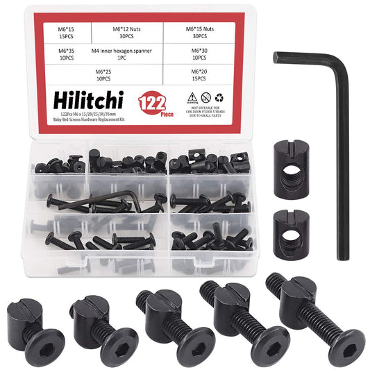 120Pcs Black Hex Socket Head Screws Bolts Barrel Nuts Hardware Assortment Kit for Crib Baby Bed Furniture - M6 15mm/20mm/25mm/30mm/35mm