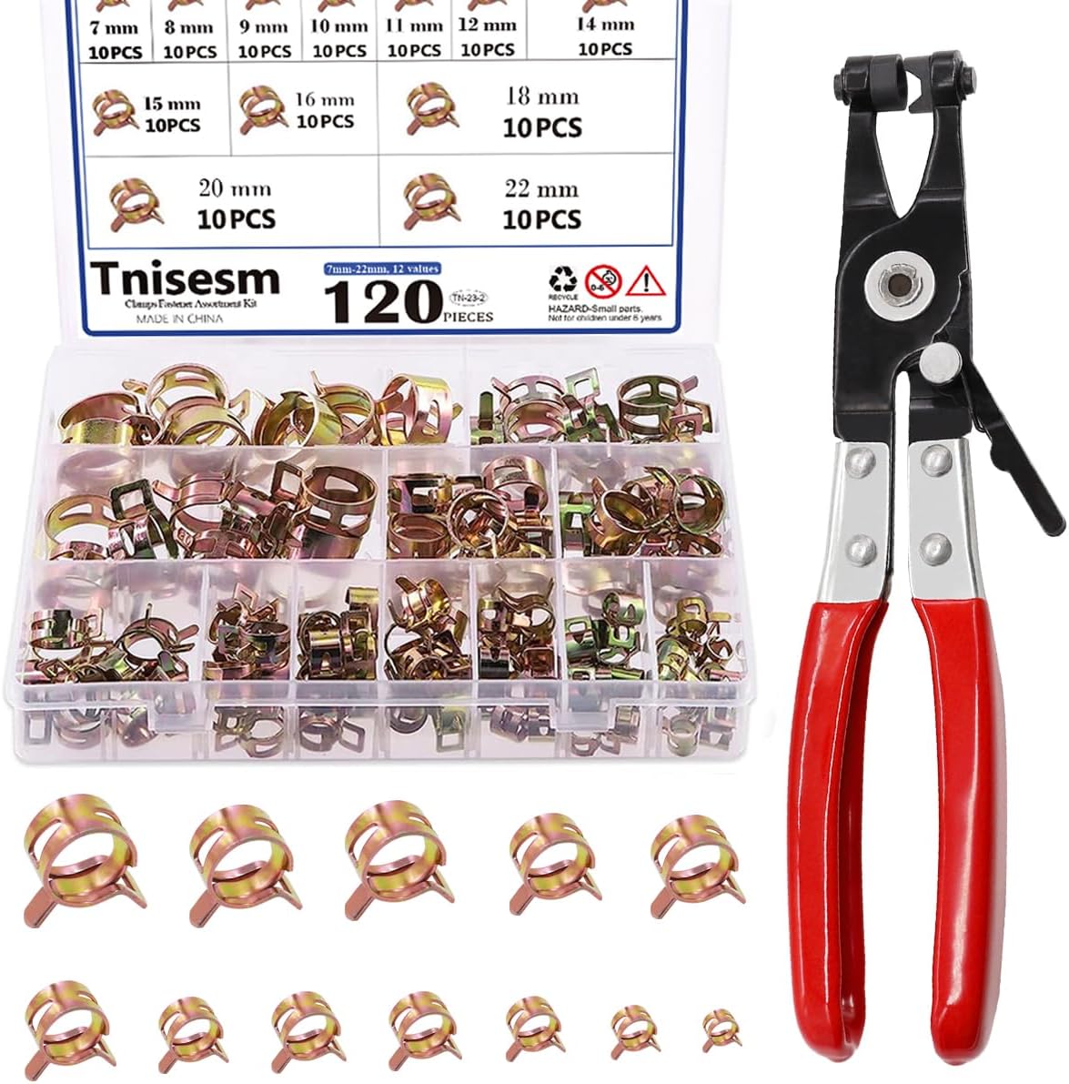 121Pcs Spring Hose Clamp Assortment Kit 7-22mm with Plier - Fuel, Vacuum, Air Clip Clamp Set