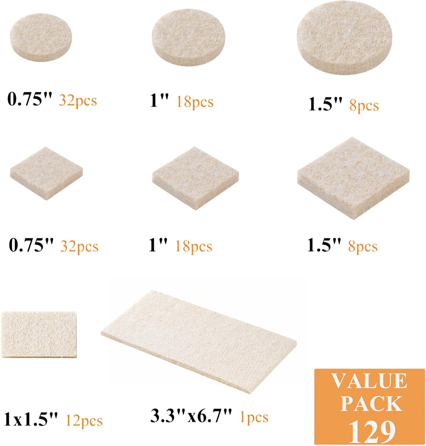129 Piece Beige Felt Furniture Pads for Hardwood Floors - Self Adhesive Chair Sliders for Smooth Moving - Furnigear Anti Scratch Felt Pads for Round & Square Chair Feet