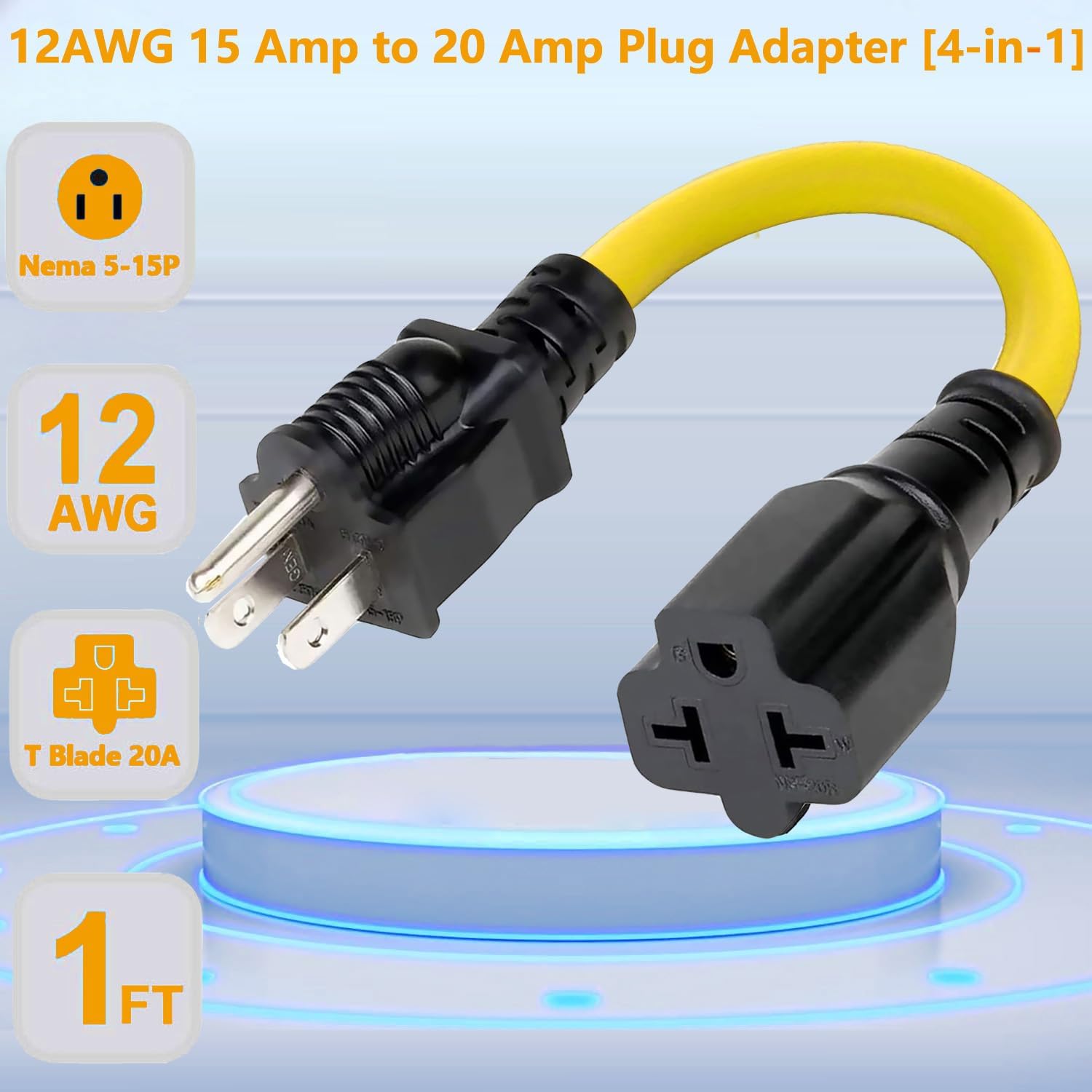 12AWG 15 Amp to 20 Amp Household AC Plug Adapter Cable for Nema 5-15P to 5-20R, 5-15P to 6-15R, 5-15P to 6-20R, 15A 125V to 20A 250V - 1FT