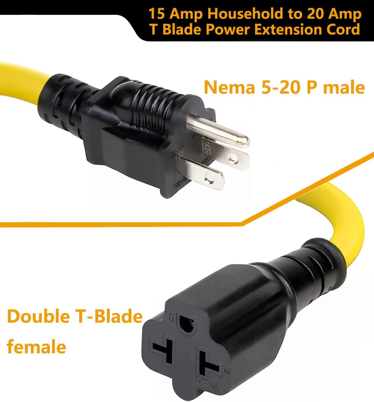 12AWG 15 Amp to 20 Amp Household AC Plug Adapter Cable for Nema 5-15P to 5-20R, 5-15P to 6-15R, 5-15P to 6-20R, 15A 125V to 20A 250V - 1FT