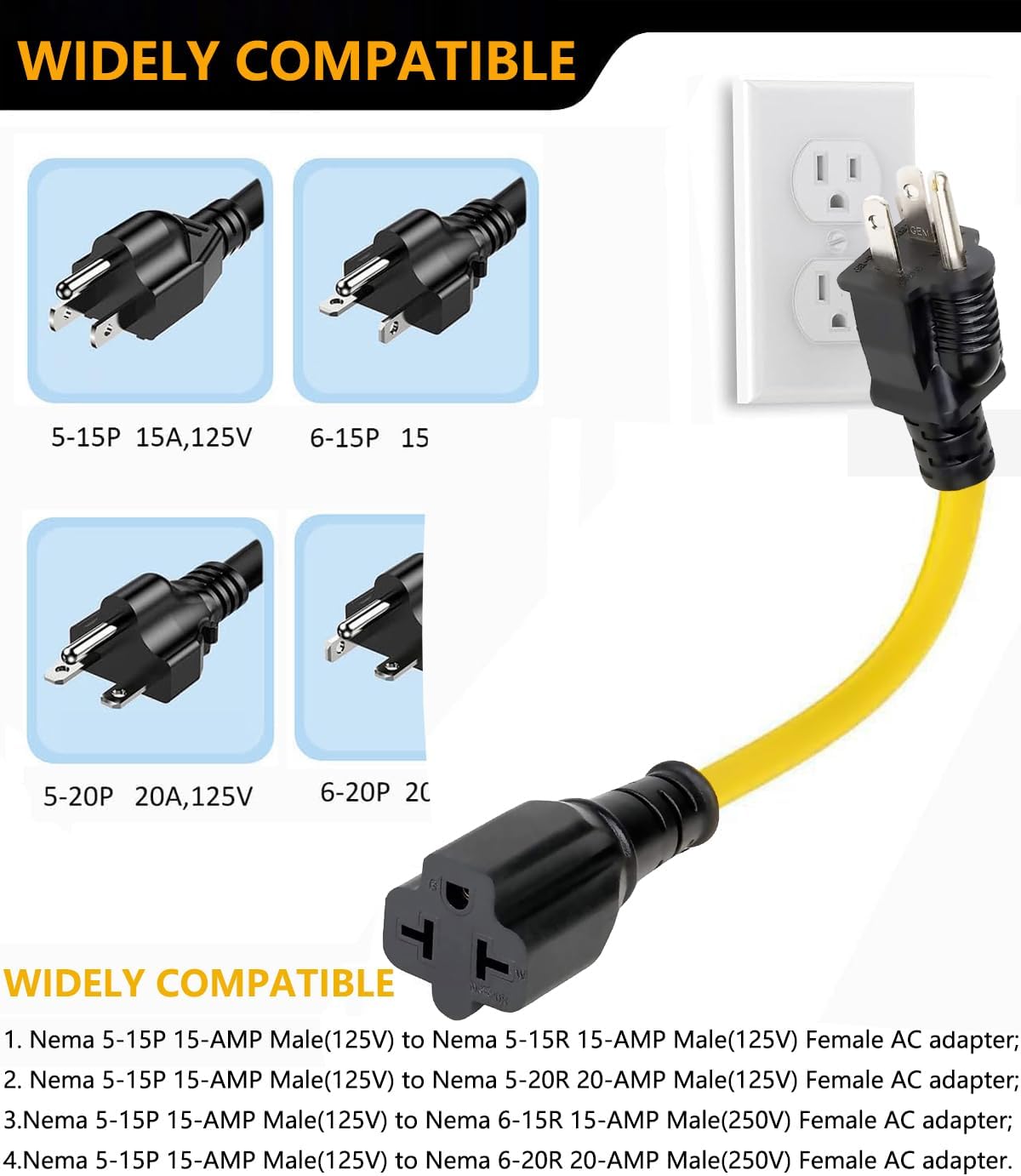 12AWG 15 Amp to 20 Amp Household AC Plug Adapter Cable for Nema 5-15P to 5-20R, 5-15P to 6-15R, 5-15P to 6-20R, 15A 125V to 20A 250V - 1FT