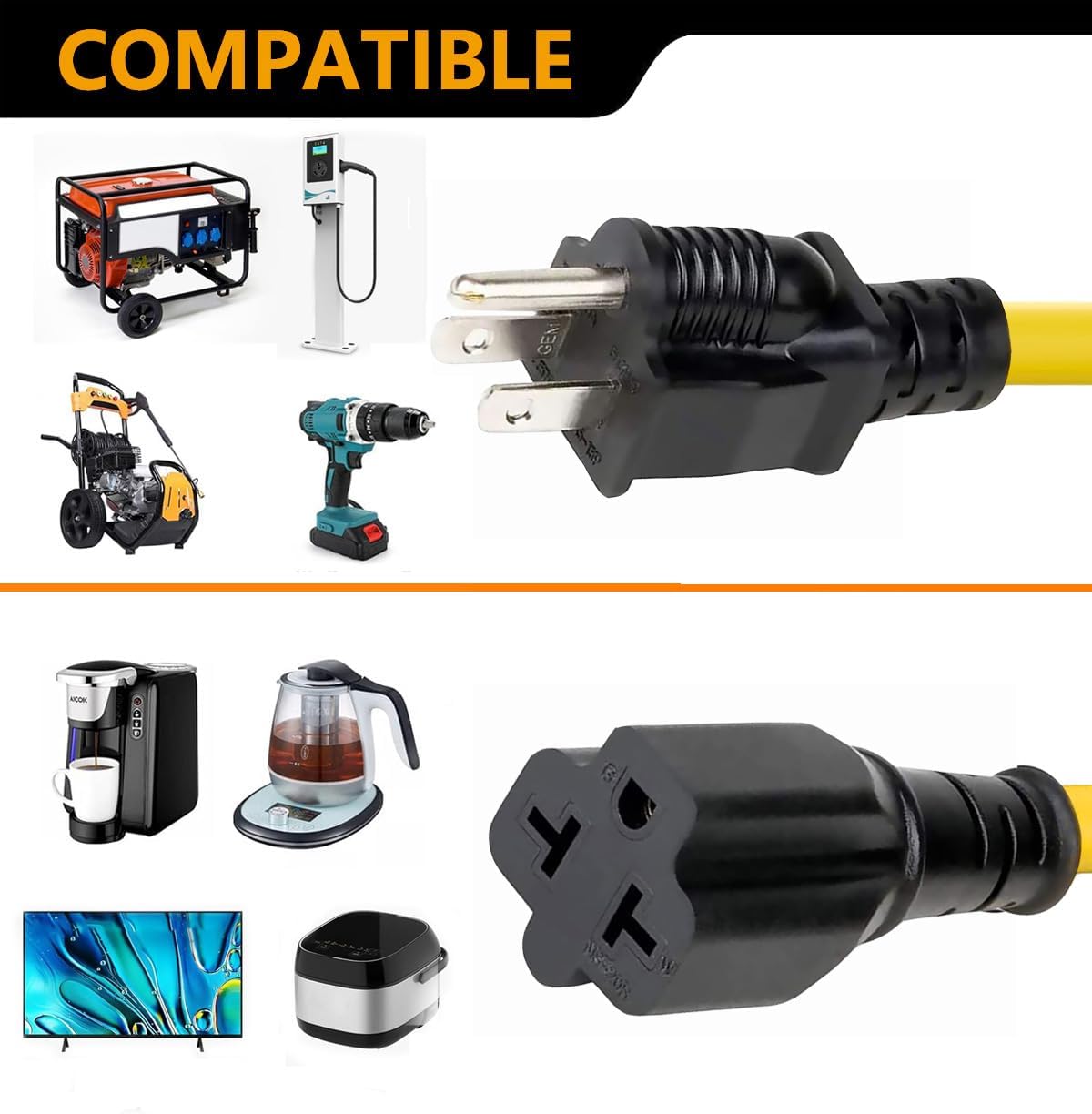 12AWG 15 Amp to 20 Amp Household AC Plug Adapter Cable for Nema 5-15P to 5-20R, 5-15P to 6-15R, 5-15P to 6-20R, 15A 125V to 20A 250V - 1FT