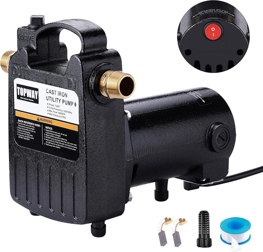 1/2HP Portable Cast Iron Water Pump with On/Off Switch - 1560GPH High Pressure Utility Transfer Pump w/ Hose Connectors & Suction Strainer