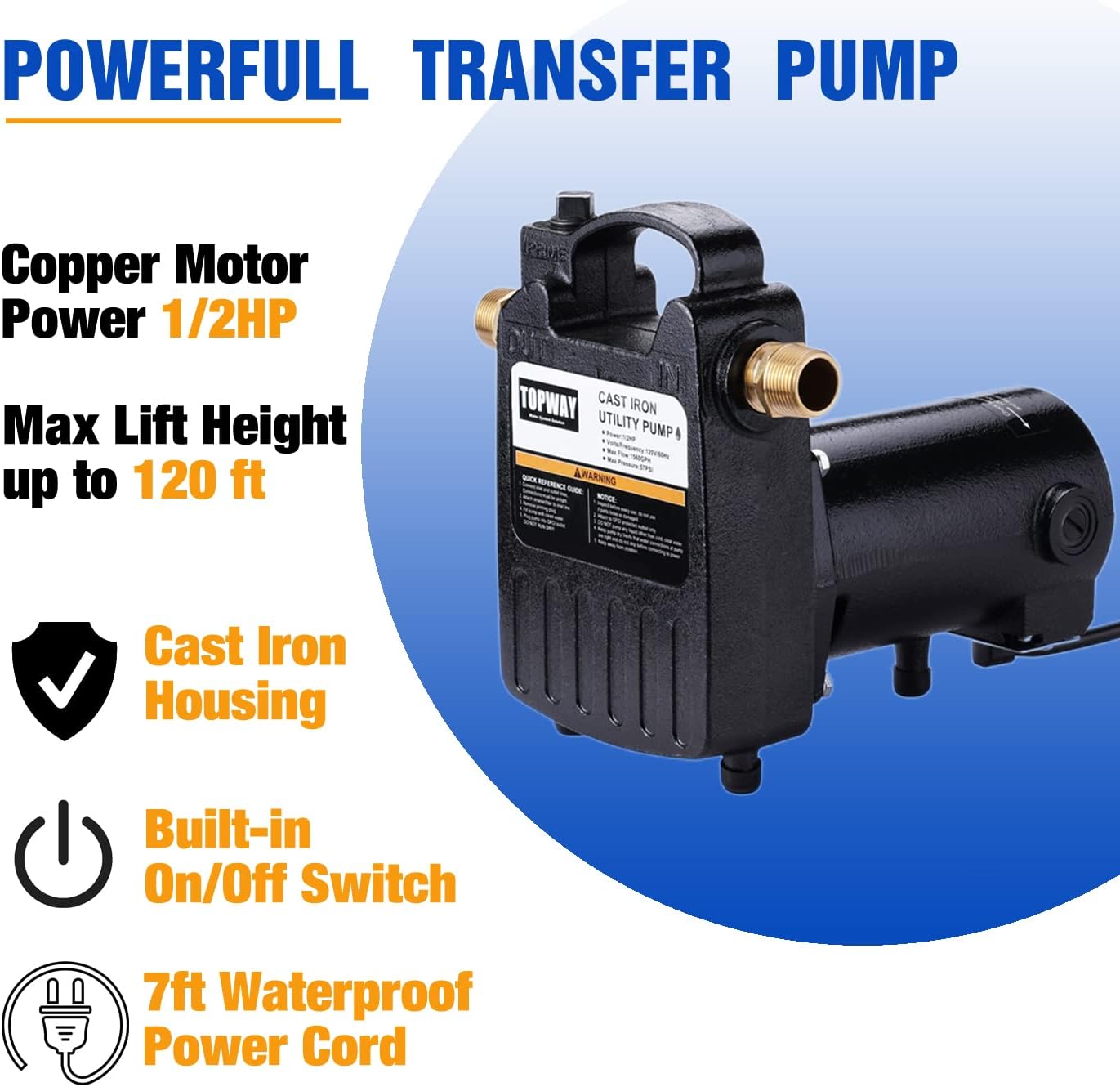 1/2HP Portable Cast Iron Water Pump with On/Off Switch - 1560GPH High Pressure Utility Transfer Pump w/ Hose Connectors & Suction Strainer