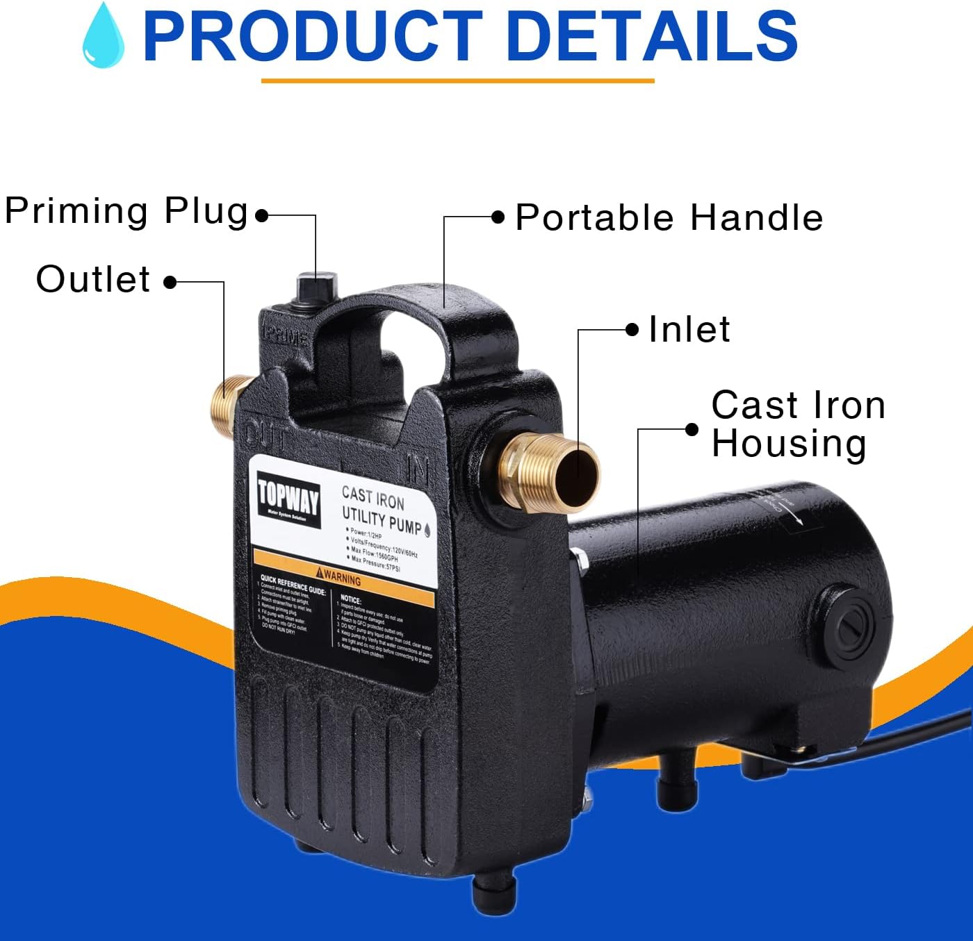 1/2HP Portable Cast Iron Water Pump with On/Off Switch - 1560GPH High Pressure Utility Transfer Pump w/ Hose Connectors & Suction Strainer