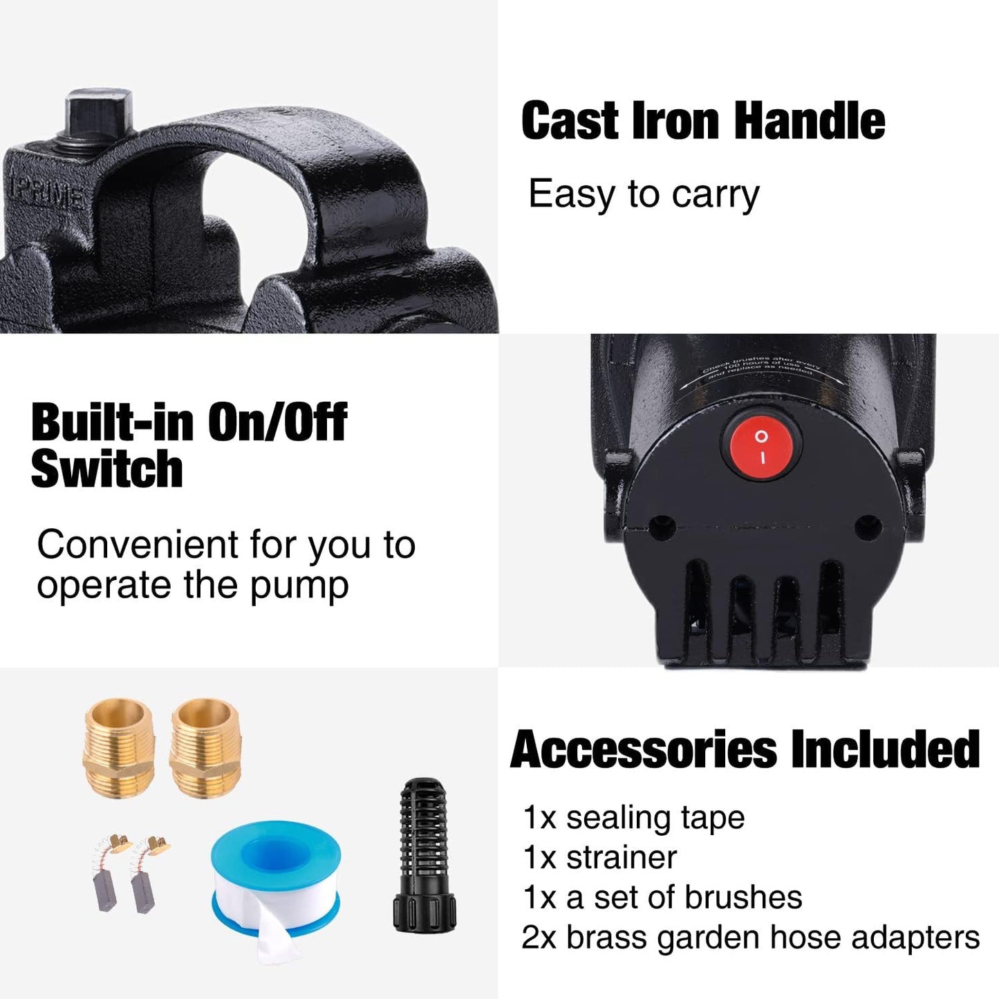 1/2HP Portable Cast Iron Water Pump with On/Off Switch - 1560GPH High Pressure Utility Transfer Pump w/ Hose Connectors & Suction Strainer