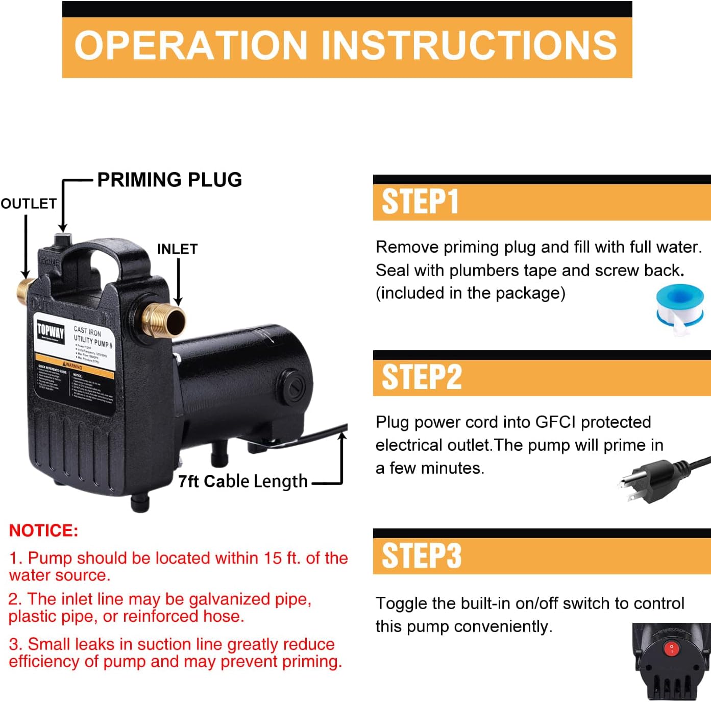 1/2HP Portable Cast Iron Water Pump with On/Off Switch - 1560GPH High Pressure Utility Transfer Pump w/ Hose Connectors & Suction Strainer
